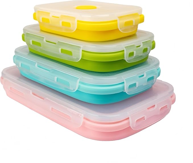 Set of 4, Collapsible Silicone Food Storage Container, Leftover Meal Box by CozyKit