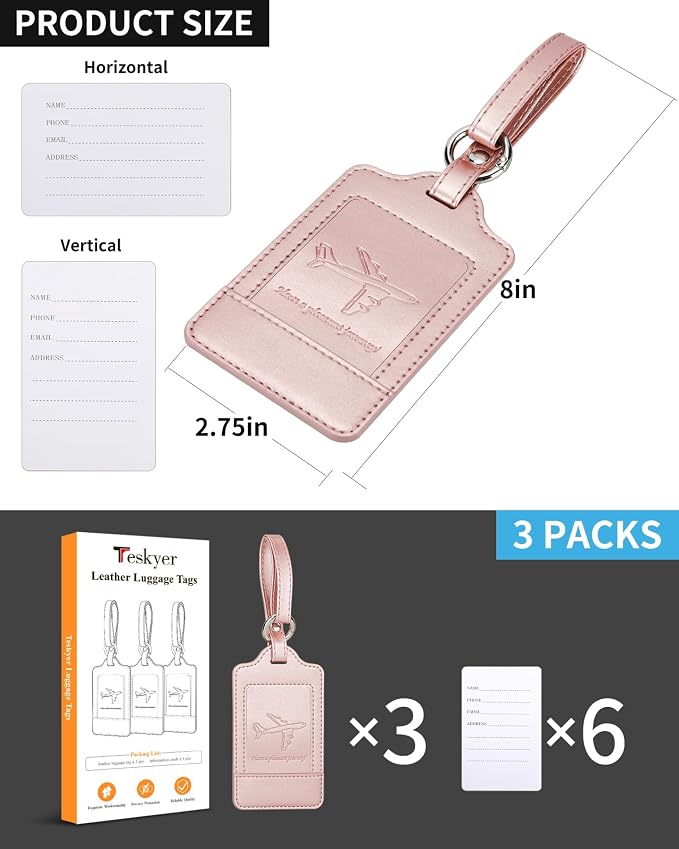 Teskyer Luggage Tags, 3 Pack Premium PU Leather Luggage Tags - Image 7