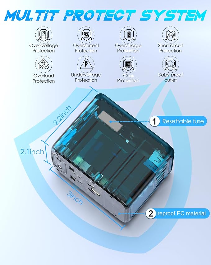 Universal Travel Adapter with 6.0A 3X 3.0A USB-C Ports, 2X 2.4A USB-A Ports and - Image 6