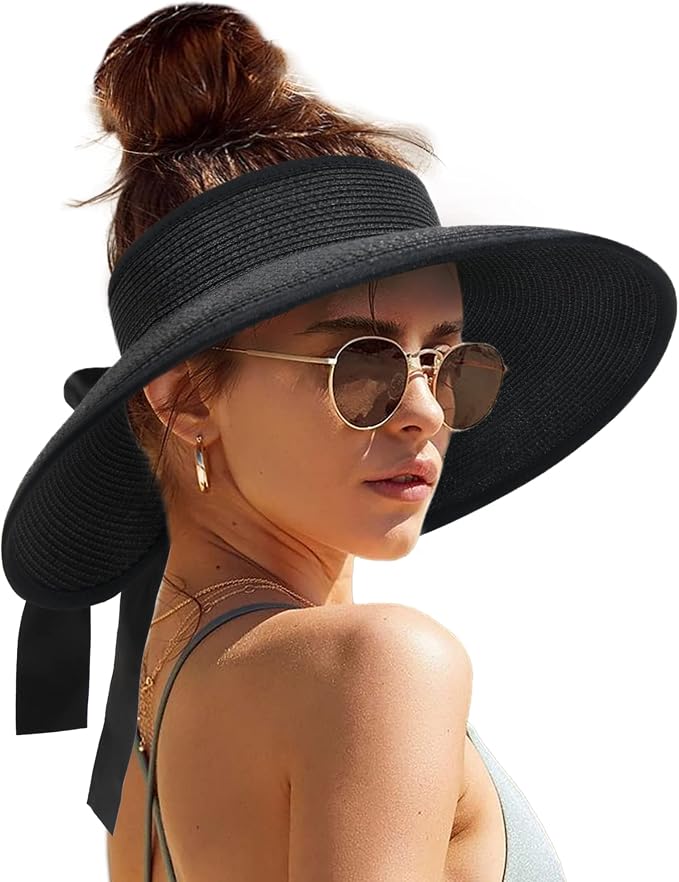 Camptrace Sun Visors for Women Wide Brim Beach Hat Foldable Straw Visor Hat by Camptrace