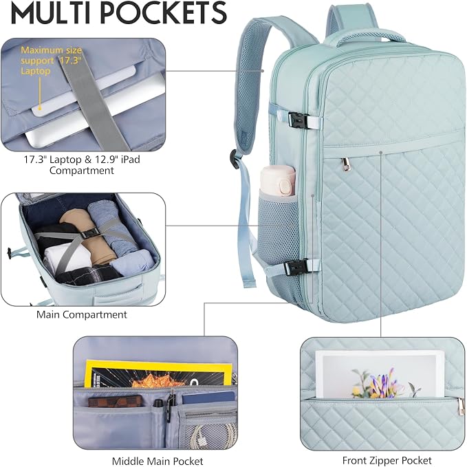 MOMUVO Large Travel Backpack Women, Flight Approved Carry On Backpack, Water - Image 2