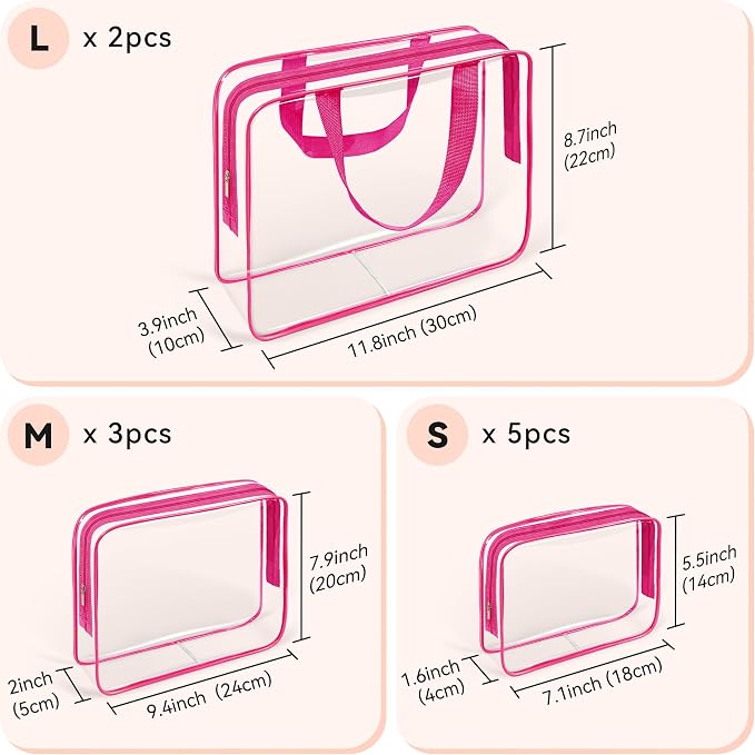 TISRATOK 10 PCS Clear Travel Makeup Toiletry Bag, Plastic PVC Cosmetic TSA - Image 2