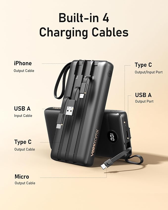 VEEKTOMX Portable Charger with Built-in Cables, 20000mAh Power Bank - Image 3