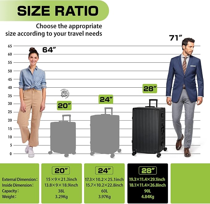 AnyZip Luggage Aluminium Frame Suitcase Hard Shell TSA Lock No Zipper 28In Black - Image 3