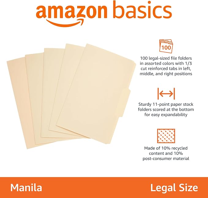 Amazon Basics Sturdy Manila File Folders, 1/3 Tabs in Assorted Positions - Image 2