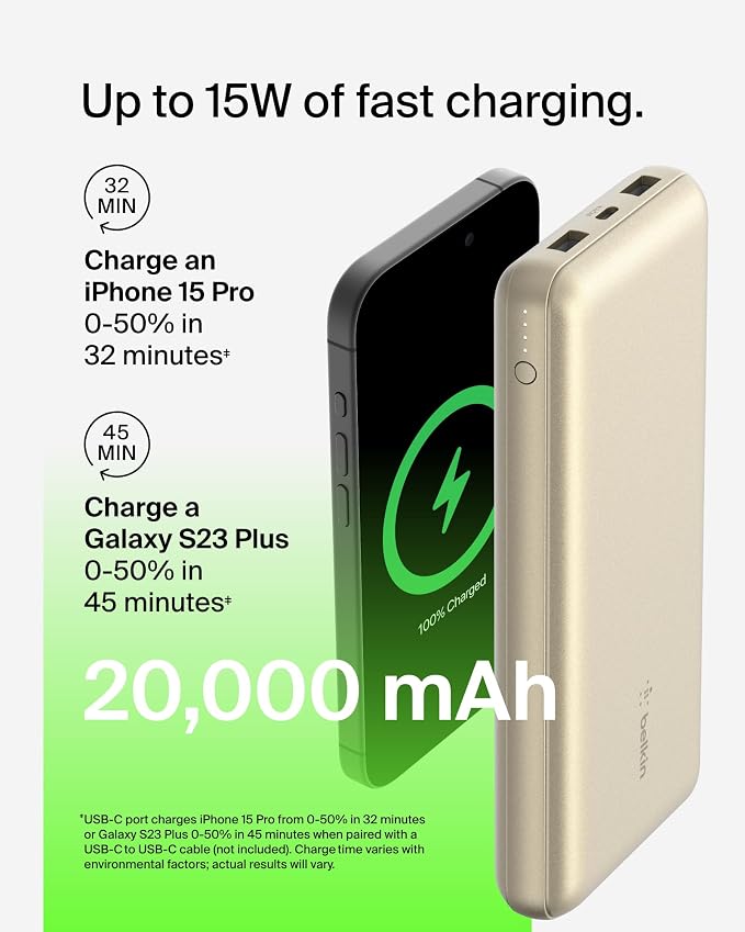Belkin Portable Charger, USB-C Power Bank 20000 mAh w/ 2xUSB-A Ports, 15W - Image 7