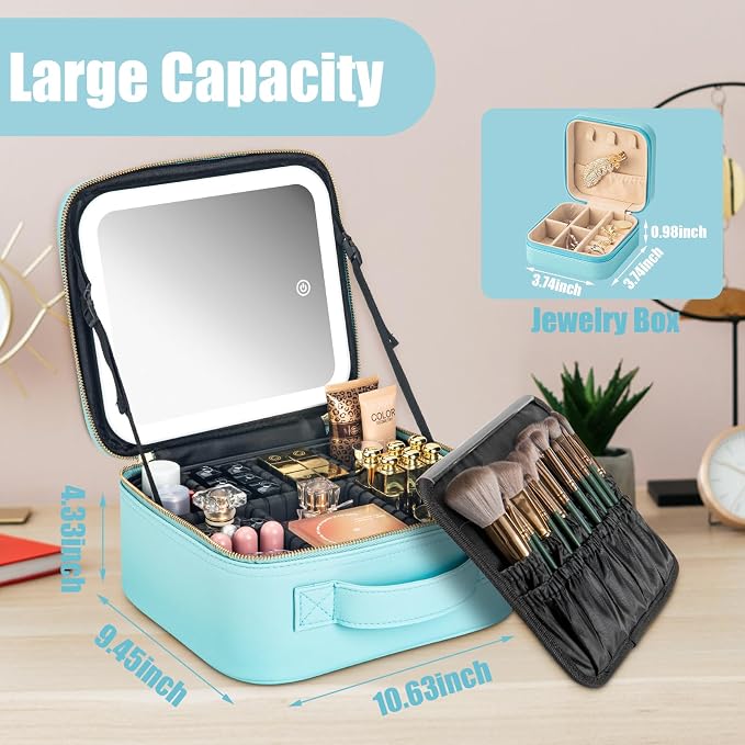 Makeup Travel Train Case with Mirror LED Light 3 Adjustable Brightness Large - Image 5