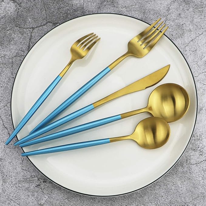 Gugrida Blue Handle Matte Gold Silverware Set - Image 3