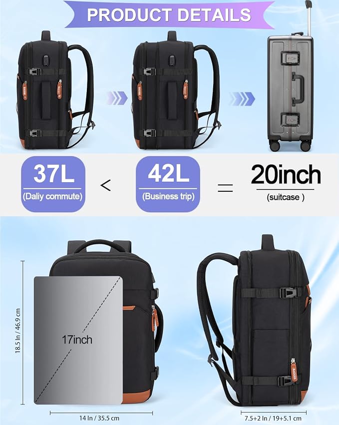 42L Travel Laptop Backpack, Expandable Carry-on Luggage, Anti-Theft Business - Image 5