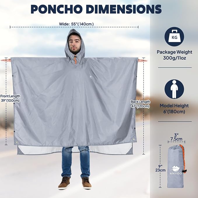ANYOO Hooded Rain Poncho for Adults Waterproof Lightweight Rain Coat for Men - Image 2