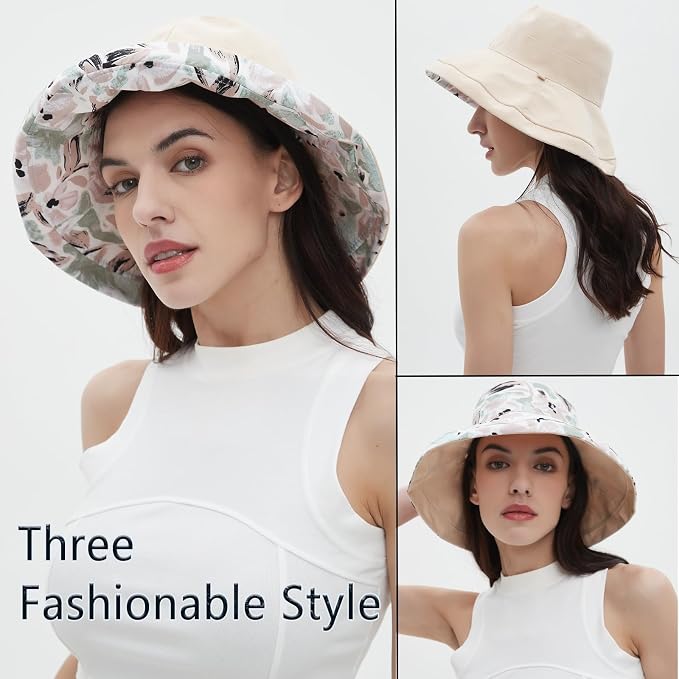 vidsel Womens Sun Hats Wide Brim Reversible Bucket Cotton Hat Packable Summer - Image 5