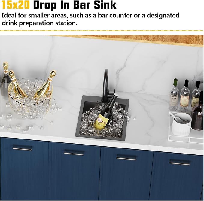 Small Black Kitchen Sink, 15x20 Inch Stainless Steel Drop In Toprmount - Image 2