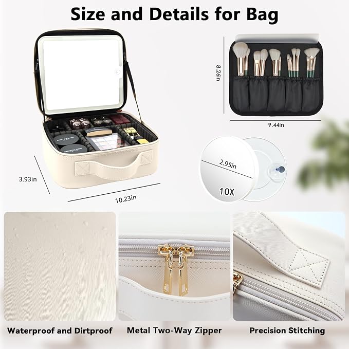 Travel Makeup Bag with LED Mirror and 10x magnifying glass with 3 Lighted - Image 5