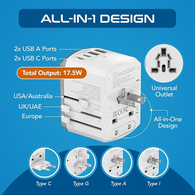 Ceptics Universal Travel Adapter 17.5W, 5 in 1 Universal Laptop Charger - Image 3