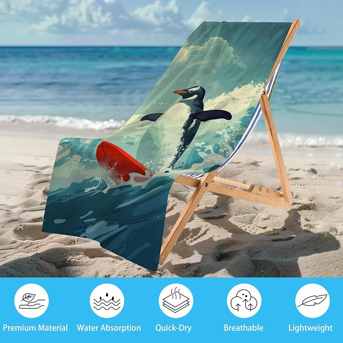WZOMT Microfiber Penguin Beach Towel Oversized, Cute Penguin Surfing Ocean - Image 2