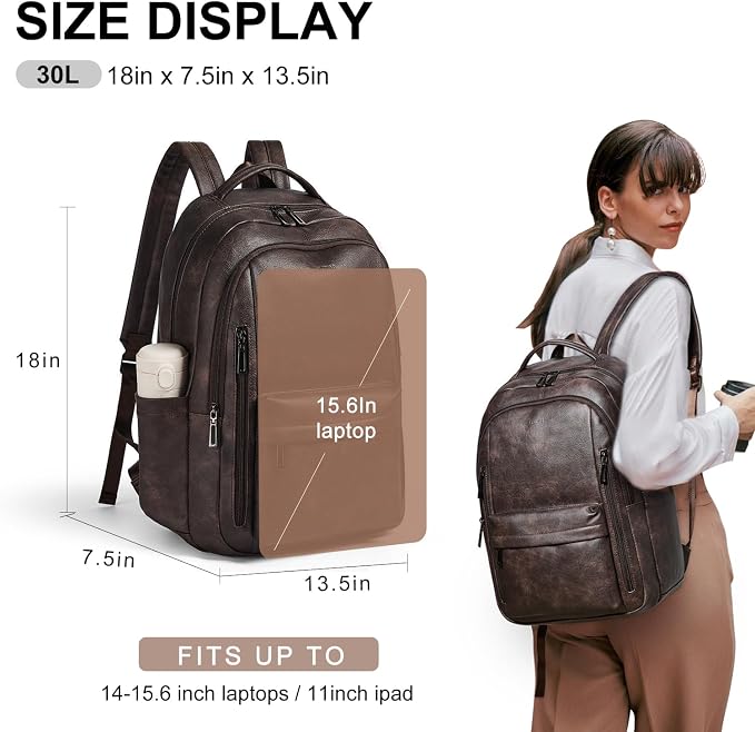 30L Business Laptop Backpack for Women Men, Travel Work Backpack Purse Faux - Image 3