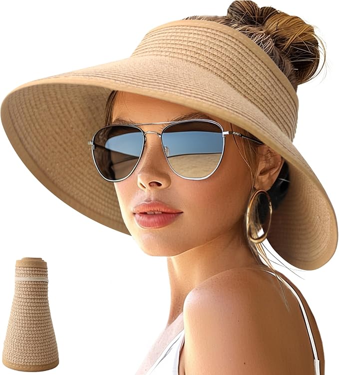 NPJY Sun Hats for Women Wide Brim Roll-Up Beach Ponytail Hat Packable Foldable by Unknown