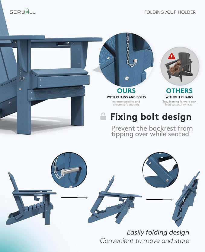 SERWALL Folding Adirondack Chair, HDPE Adirondack Chairs, Plastic Outdoor - Image 7