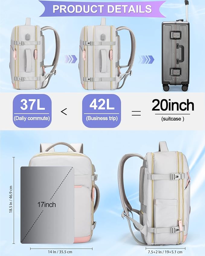 42L Travel Laptop Backpack, Expandable Carry-on Luggage, Anti-Theft Business - Image 5