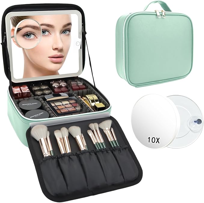 Travel Makeup Bag with LED Mirror and 10x magnifying glass with 3 Lighted - Image 9