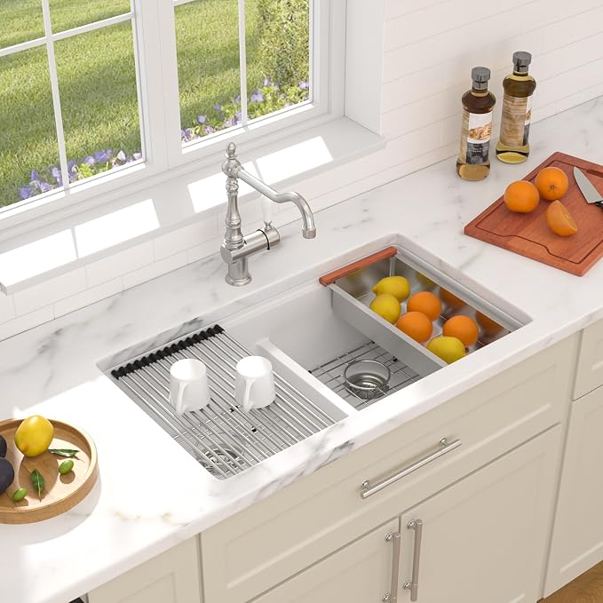 Dcolora 33 Inch Granite Compoisite Kitchen Sink White Undermount Kitchen Sink - Image 9
