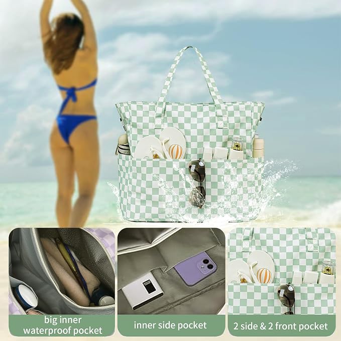LEDAOU Large Beach Tote Bag Women Waterproof Sandproof Zipper Beach Tote Bag - Image 6