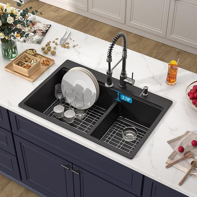 33 Inch Drop in Granite Composite Black Kitchen Sink-Donsdey Double Bowl - Image 3