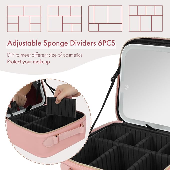 Travel Makeup Bag with LED Mirror Double Layer, Detachable Vanity Mirror with - Image 5