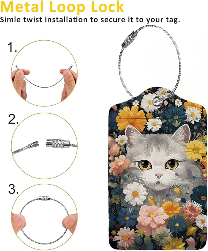 Cute Cat in Flowers 2 Pcs Luggage Tags, Privacy Cover ID Label - Image 3
