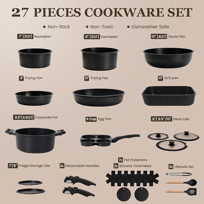 KIKCOIN Pots and Pans Set, 27 Pack Nonstick Cookware Set Detachable Handle - Image 2