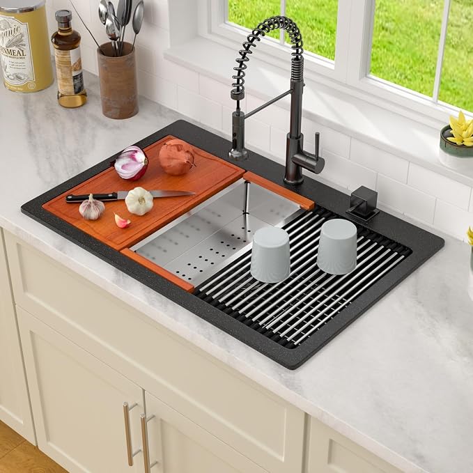 Dcolora 33x22 Drop In Kitchen Sink Black, Granite Composite Black Kitchen Sink - Image 2