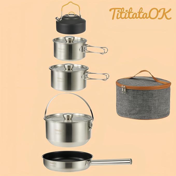 Camping Cookware Set 304 Stainless Steel 10pcs Pots & Pans, Travel Mesh Bag - Image 4