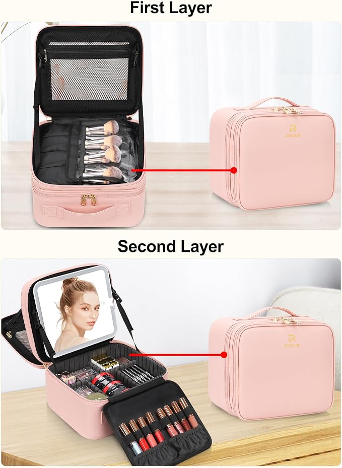 Travel Makeup Bag with LED Mirror Double Layer Makeup Case with Lighted Mirror - Image 2