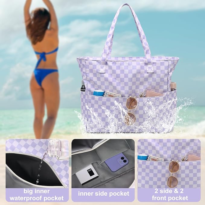 LEDAOU Large Beach Tote Bag Women Waterproof Sandproof Zipper Beach Tote Bag - Image 2