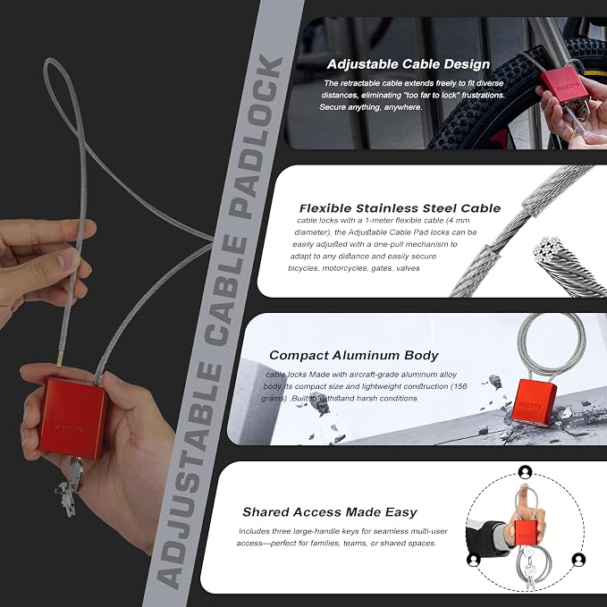 Adjustable Cable Locks with 3 Keys | 3.28ft L x 1/6in D Aluminum Steel Cable - Image 3