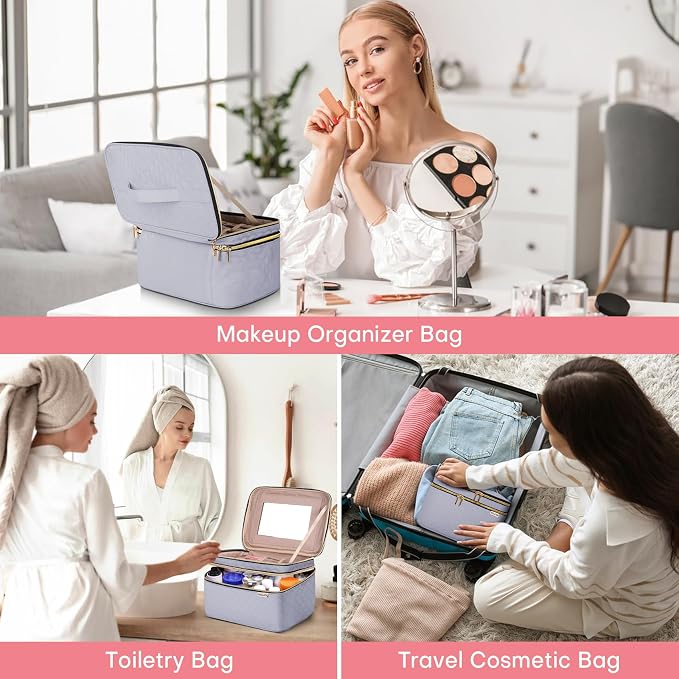Large Makeup Bag with Mirror Double Layer Travel Make Up Organizer Case - Image 5
