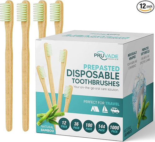 12 Pack Disposable Bamboo Toothbrushes by PRUVADE