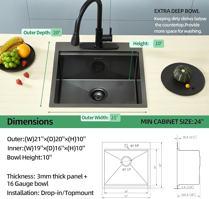 21 x 20 x 10 Drop-in Kitchen Sink - Image 7