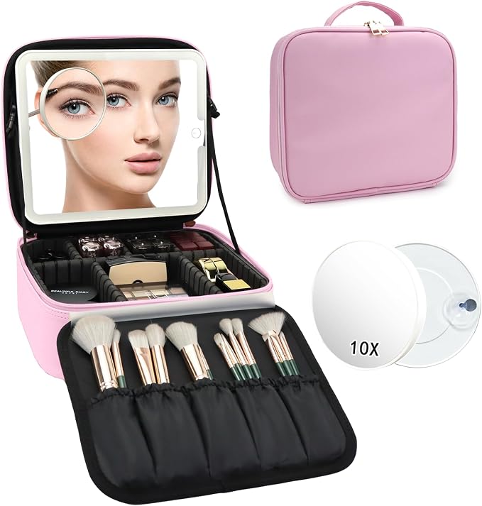 Travel Makeup Bag with LED Mirror and 10x magnifying glass with 3 Lighted - Image 9