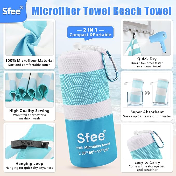 Sfee 2 in 1 Microfiber Oversized Beach Towel, Quick Dry Towel Travel Towel - Image 2