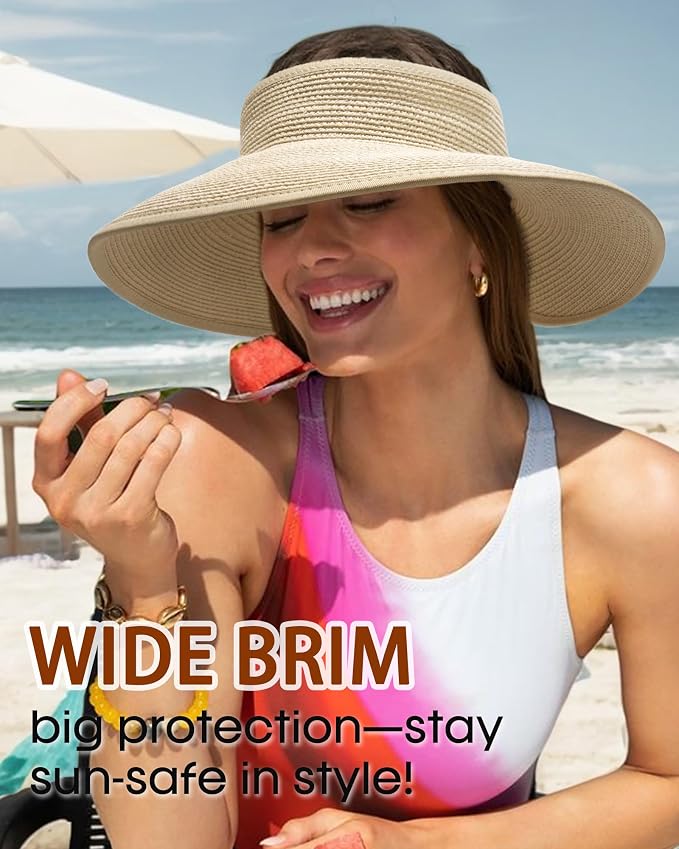 Womens Sun Visor Hats Wide Brim Straw Beach Hat UV Protection Ponytail Packable - Image 2