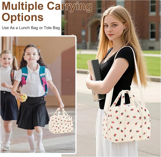 Corduroy Lunch Box Lunch Bag for Women Men, Cute Strawberry Small Insulated - Image 5