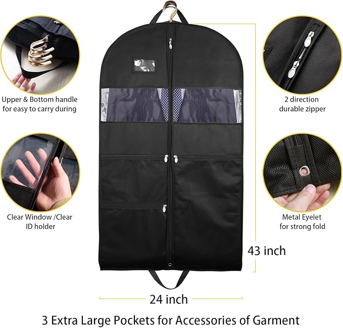 Garment Bags for Travel, 2 Pack 43" Hanging Garment Bags for Men, Double Sides - Image 5