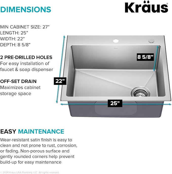 KRAUS Fairlane 25-inch Drop In/Top Mount Single Bowl 18-Gauge Stainless Steel - Image 3