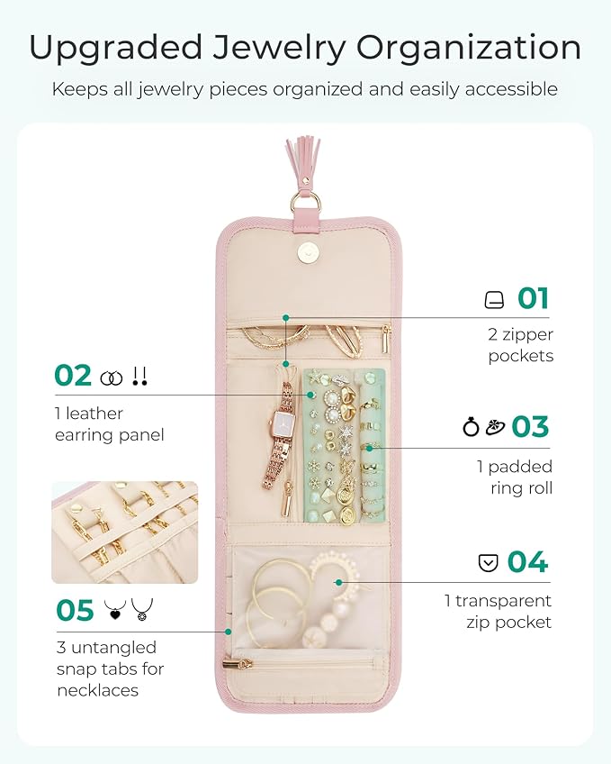 BAGSMART Travel Jewelry Case Organizer, Roll Foldable Jewelry Case - Image 3