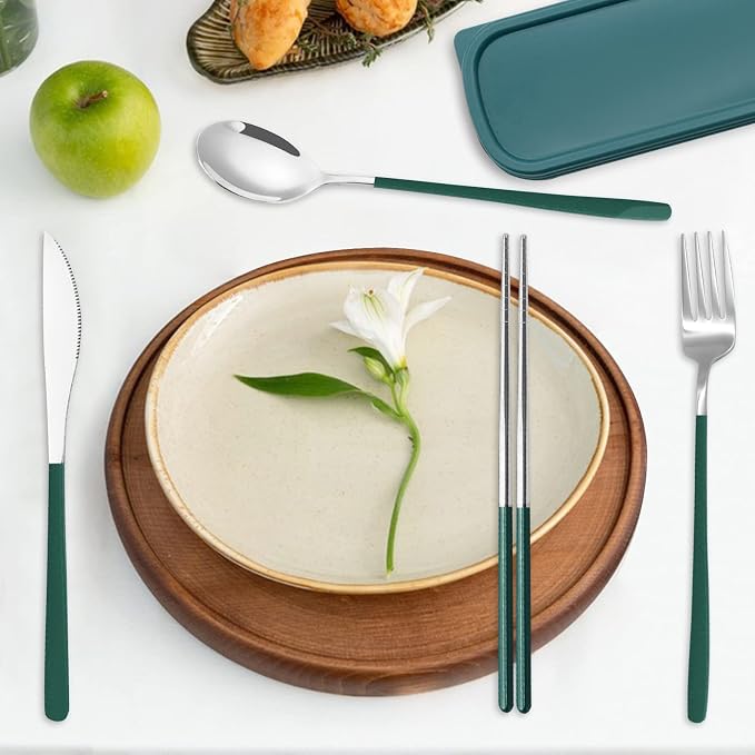 Portable Travel Camping Cutlery Set, TWUTGAYW Silver Green Reusable Flatware - Image 2