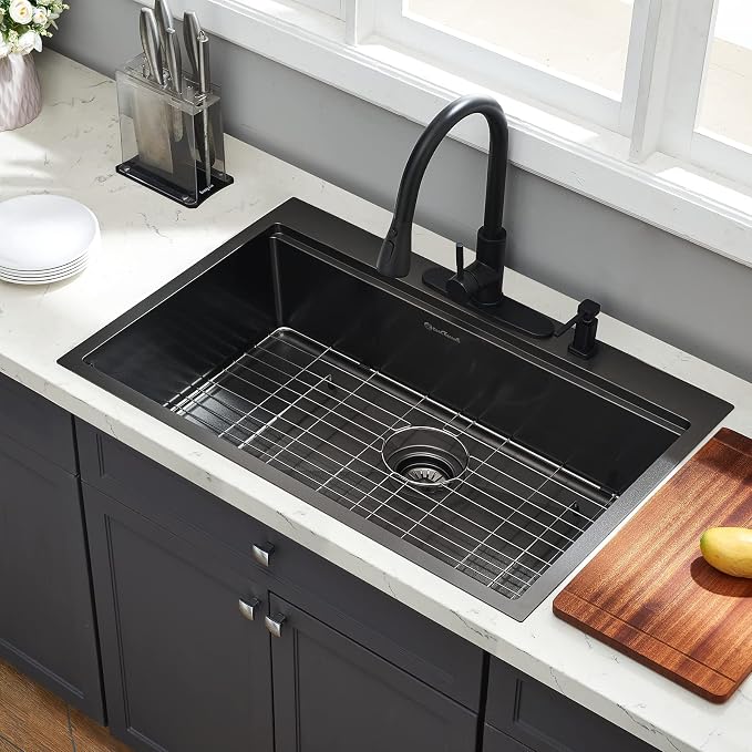 Kitchen Sink, 33 x 22 Drop in Kitchen Sink Gunmetal Black 16 Gauge Stainless - Image 2