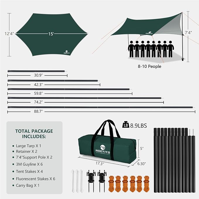 Camping Tarp with Poles & Retainer, 15x12.5FT Large Waterproof 210D Oxford - Image 7