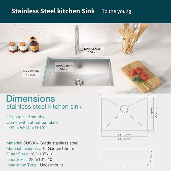 TORVA 30-Inch Undermount Kitchen Sink, Premium 304 Stainless Steel Bar Sink - Image 2
