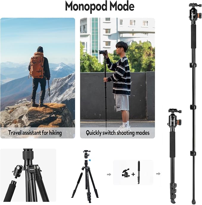 Fotopro 66" Camera Tripod, Aluminum Compact Travel Tripod and Monopod - Image 5